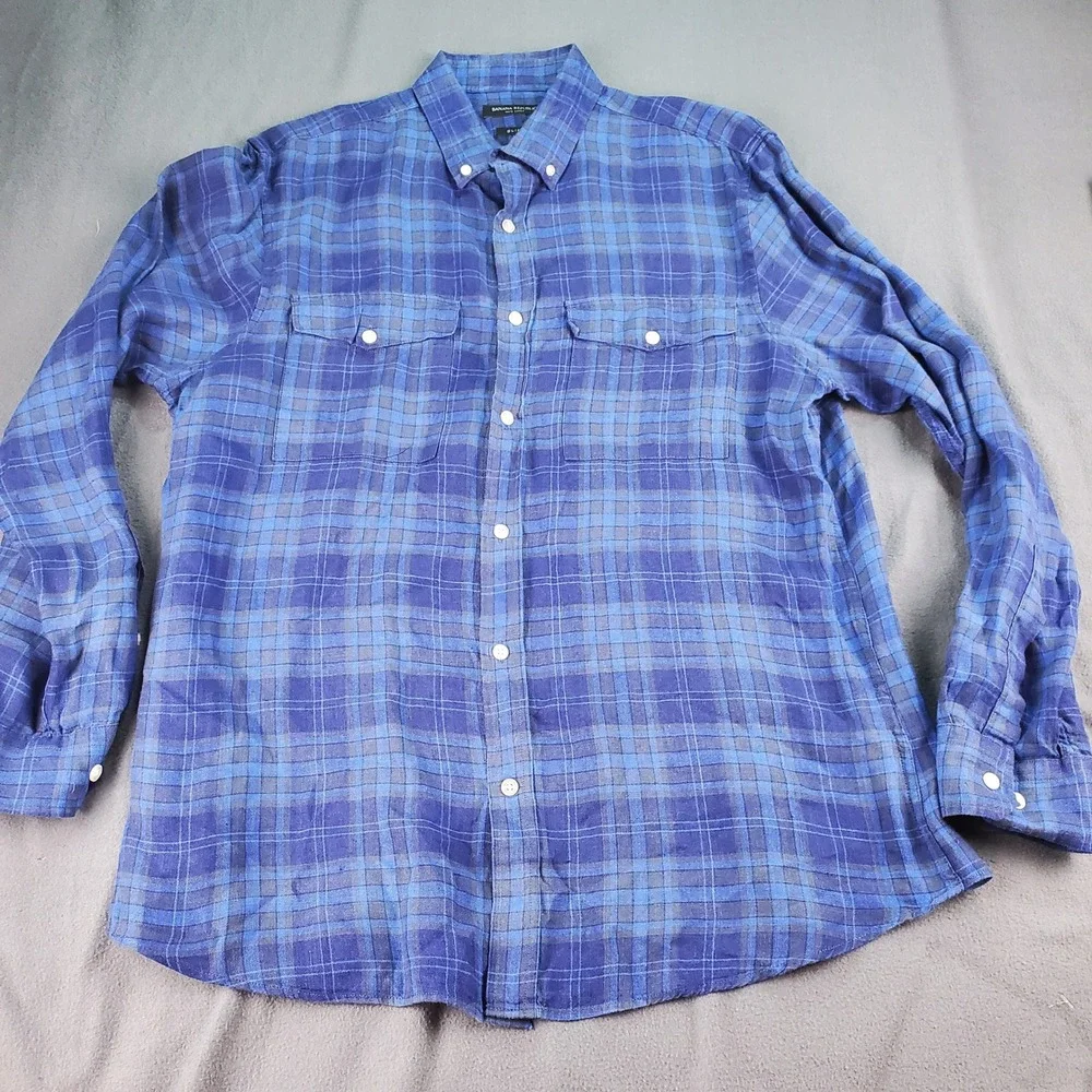 Banana Republic Men's Slim Fit Blue Plaid Linen Button Down Shirt Large flaw